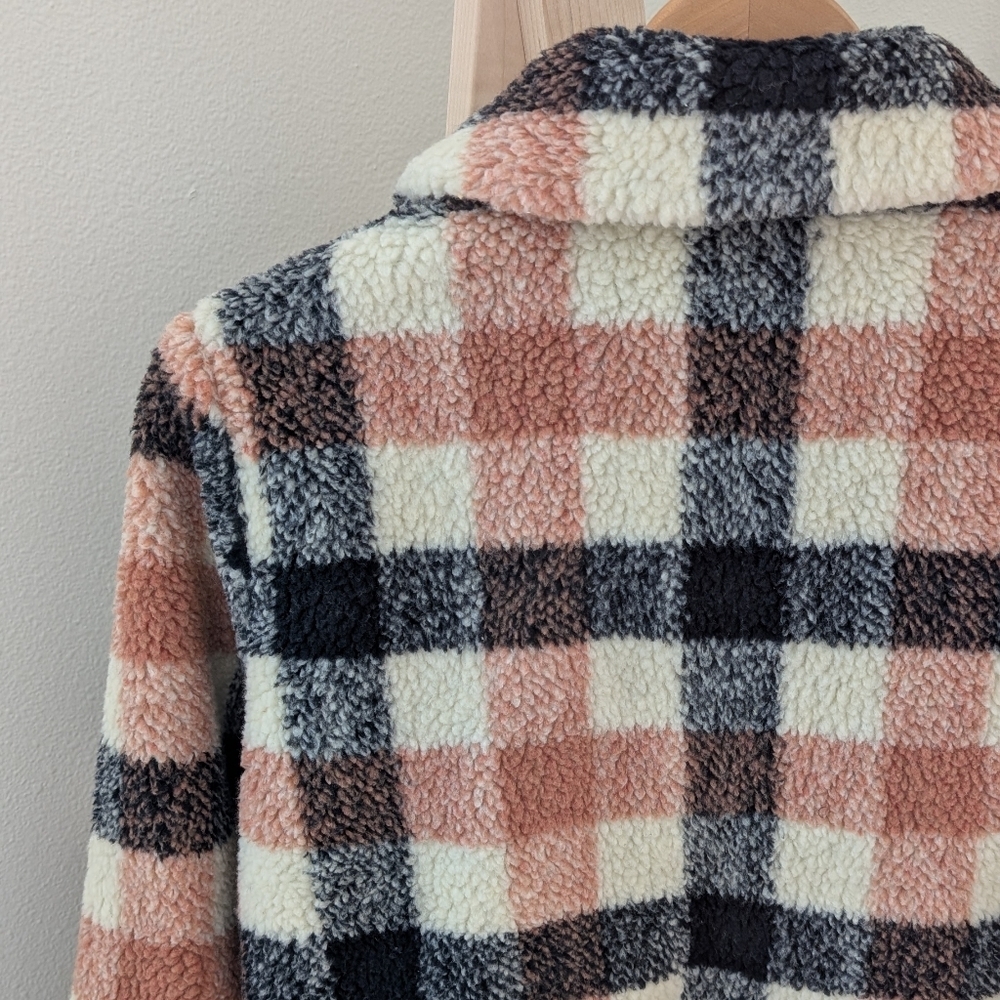 Madewell Hazlewood Faux Fur Plaid Sherpa Jacket In Black/Coral/Ivory - M - Picture 11 of 13